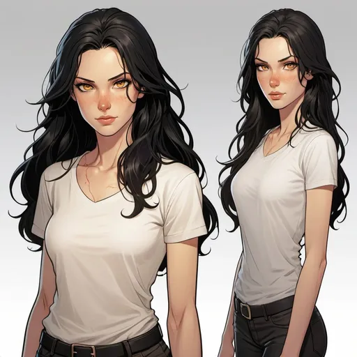 Prompt: Character sheet, tall slender young woman with long wavy black hair, pale scarred skin with pretty honey colored eyes, beautiful, gorgeous face, white t-shirt, black jeans. comicbook art, illustration. ((scars))
