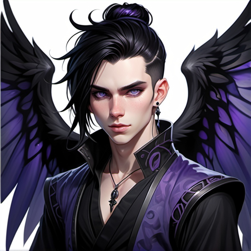 Prompt: Fey male, Pale skin, long black hair, messy man bun, piercing violet irises, large black raven wings, handsome, andy black, D&D sheet, oc character.