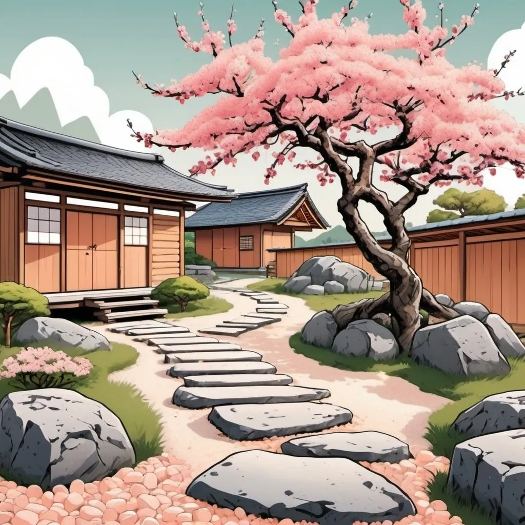 Prompt: Japanese style garden walking stones  and white gravel. Peach tree. Surrounded by wood log cabins. Comic book art style