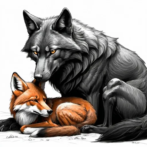 Prompt: Black wolf cuddling with a fox. Comicbook art style. Love. Sweet. Pencil sketch. 