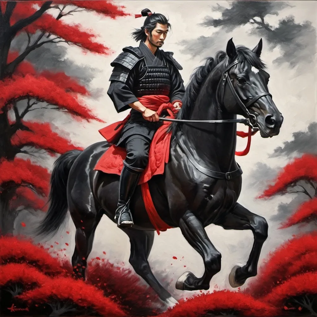 Prompt: Samurai on black horse. Red pedals. Monochromatic. Oil painting. Handsome. Romance novel.