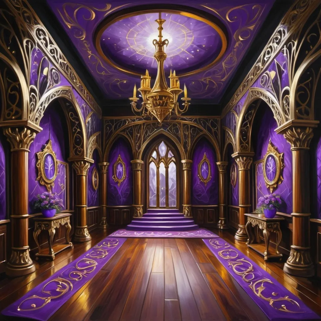 Prompt: Fantasy castle hall. Mahogany wood. Black and gold interior. Vaces with flowers. Electric violet and silver flags. Elven theme. Very detailed. Illustrations. Oil painting 