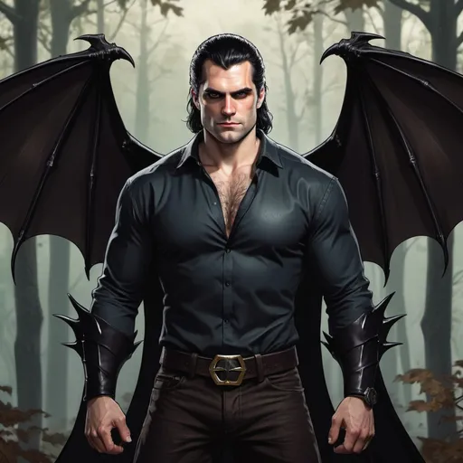 Prompt: Character sheet, full body, dark forest background, Henry Cavill (Geralt) black demonic bat wings. Short windswept Black hair. Gold eyes. Handsome. two black spiraling horns. Smirk. Playful. Comicbook art style. Toned. D&D, oc character. Clean shaven 