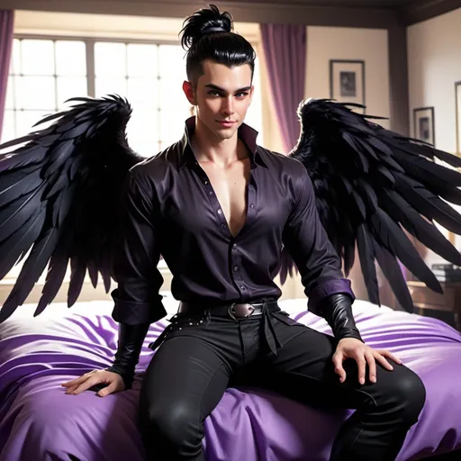 Prompt: D&D inn bed room, handsome male Fey with large black feathered wings, pale skin and black haired sitting on the edge of the bed. Windswept messy man bun, Devilish smirk, amused, legs crossed, playful smile, piercing violet irises, black satin shirt, andy black,