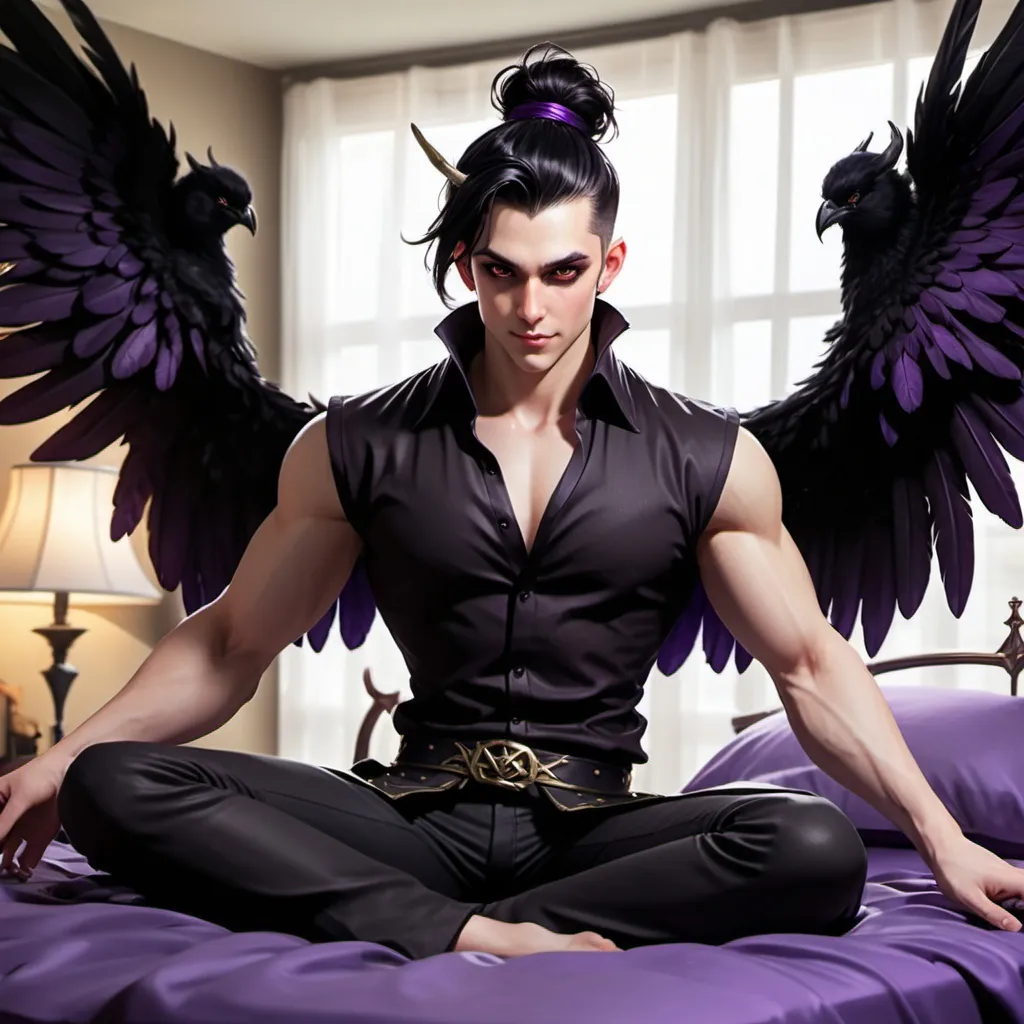 Prompt: D&D inn bed room, handsome male Fey with large black feathered wings, pale skin and black haired sitting on the edge of the bed awkwardly. Messy man bun, Devilish smirk amused, legs crossed, playful smile, piercing violet irises, black satin shirt