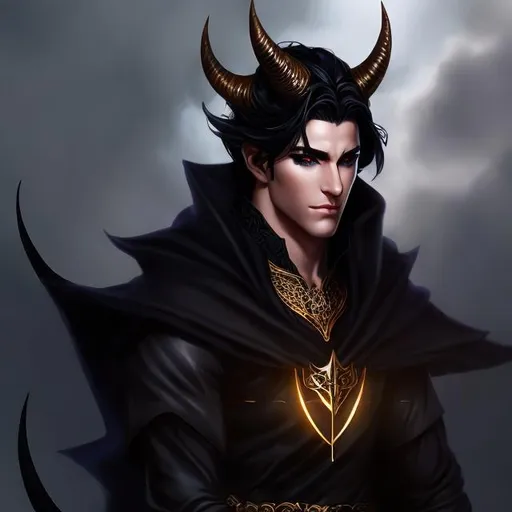 Prompt: A handsome demon, oc for D&D,  casting and dark spell. perfect gold eyes, full body character portrait, dark fantasy, detailed realistic face, digital portrait, fiverr dnd character, beautiful male Tiefling, dark sapphire skin,  obsidian-hued horns, wearing flowy long-sleeved black shirt,