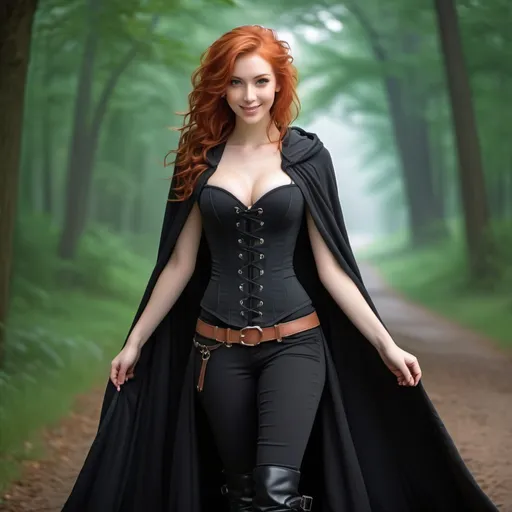 Prompt: fantasy character portrait of a tall slender young woman, with medium-length feminine red hair, peach skin with pretty hazel eyes, looking cute and happy and excited, wearing a large hooded cloak, wearing a poofy black shirt, wearing a corset, wearing long pants, wearing tall black boots, fantasy genre, tomboy 