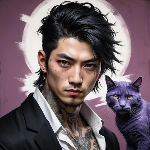 Prompt: 25 year old Japanese handsome man. . Cat like pupils violet eyes. white streak in mostly black feathery hair. Tattoos. scars. Yakuza. Honor. Oil painting. Comicbook art.