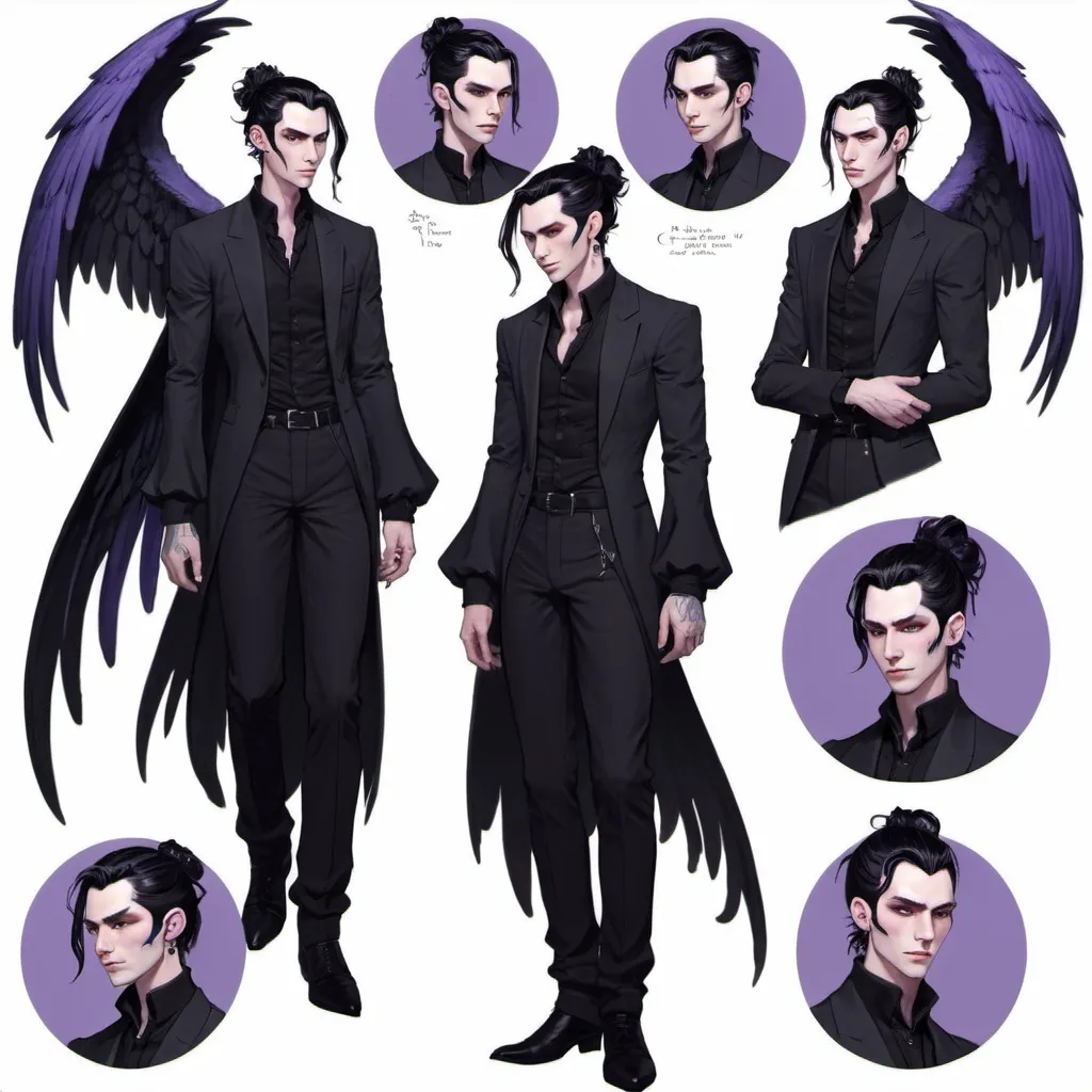 Prompt: Character sheet, multiple angles, same character, Fey male, long pointed ears, Pale skin, long black hair, messy man bun, piercing violet irises, large solid black angel wings, handsome, andy black, D&D sheet, oc character. well dressed. 