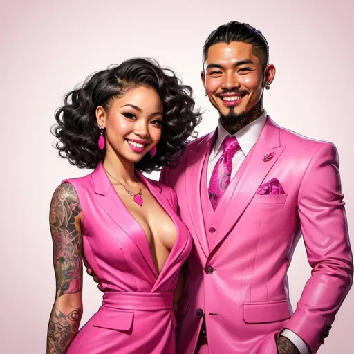 Prompt: Pretty Light skinned black woman. Hot pink dress and jacket. Hand drawing. In love with Japanese yakuza man tattoo in suit friendly smiling couple. 