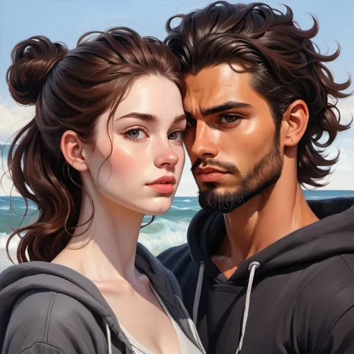 Prompt: Stareing lovinglyvinto eyes. ((beautiful black flowy haired woman with hair down in waves. pale skin)) ((handsome man reddish brown haired in messy man bun. muscular, Latino male, short beard.)) in love. black Hoodies. Detailed faces. Romance. Oil painting art. Illustration. Outside background