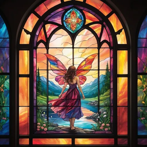 Prompt: Stained glass window and reflection. Lots of color. Oil painting. Romance novel. Fantasy. Fae. 