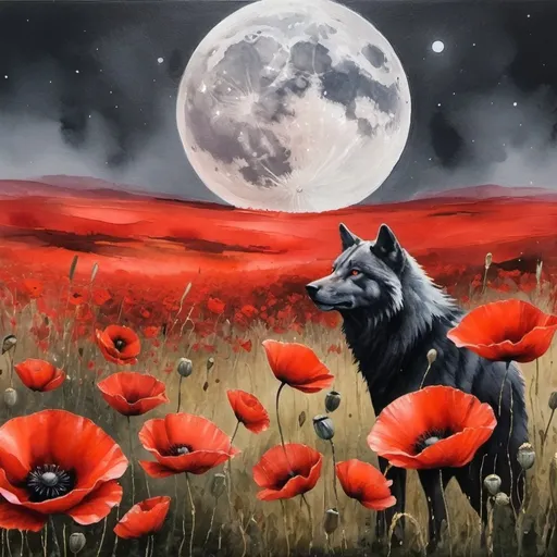 Prompt: book title art poppies field, red ans black watercolor splatter back ground, and full moon. Distant wolves pack. Oil painting