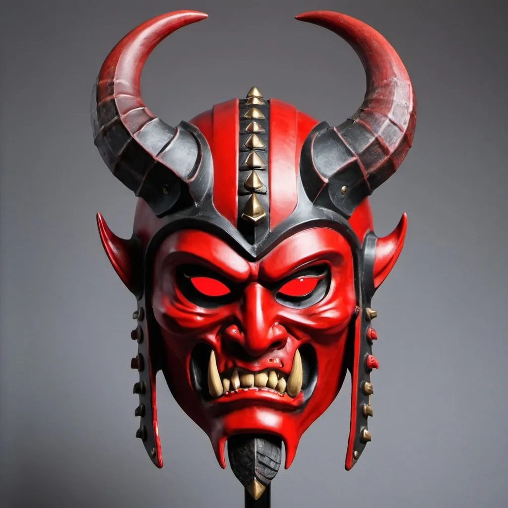 Prompt: Face mask. Bottom half red oni mask. Top Trojan armor mask with six horns