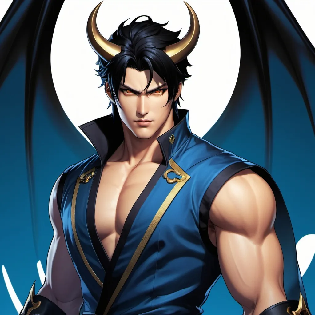 Prompt: Character sheet, same character, Devil jin with black demonic bat wings. Black hair. Gold eyes. Handsome.  Blue skin, two black spiraling horns. Comicbook art style. Toned. D&D sheet, oc character. Tekken 