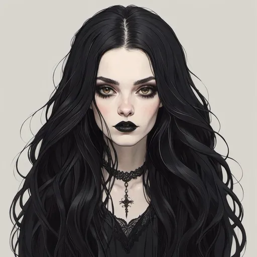 Prompt: beautiful long black flowy haired woman. pale skin. goth. Margo Robbie. Amber eyes. Hand drawing.