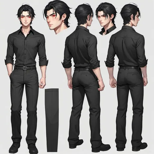 Prompt: 25 year old Japanese handsome man.   bright red eyes. white streak in  mostly black hair. wearing open black button up and black slacks. Light stuble. Honor. gentle. loyal. dnd character sheet. pencil sketch. Multiple angles 