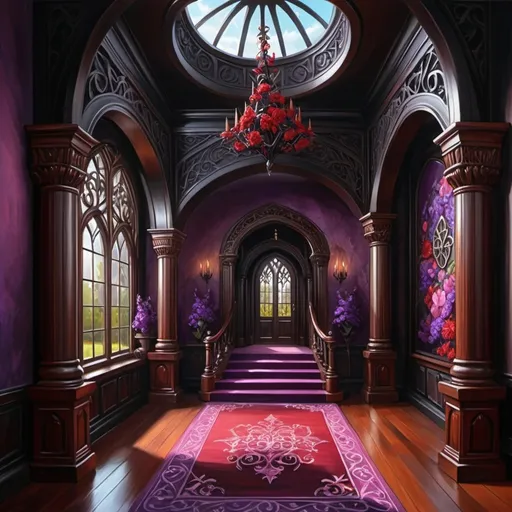 Prompt: Fantasy castle hallway. Mahogany wood. Black interior. Vaces with red and purple flowers. Elven theme. Very detailed. Illustrations. Oil painting 