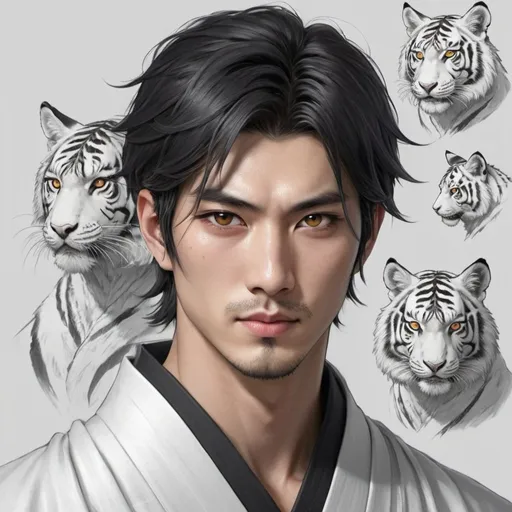 Prompt: 25 year old Japanese handsome man.   Tiger eyes white streak in mostly black hair. Traditional Japanese clothes black and silver. Attractive. Model. Romance novel. Kitsune. Light stuble. Muscular. Honor. gentle. loyal. dnd character sheet. pencil sketch. Multiple angles. detailed face. 