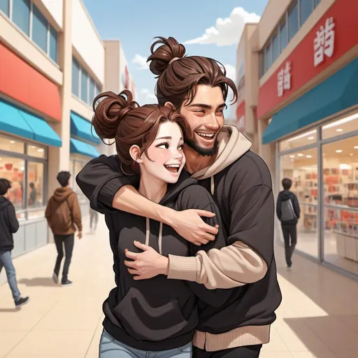 Prompt: Piggyback ride. Female on back. laughing. ((beautiful black flowy haired woman)) pale skinned female (( handsome man reddish brown haired in messy man bun)), light tan skinned male, short beard. in love black Hoodies. Detailed faces. Romance. Webtoon Manga cartoon art. Illustration. Outside mall background