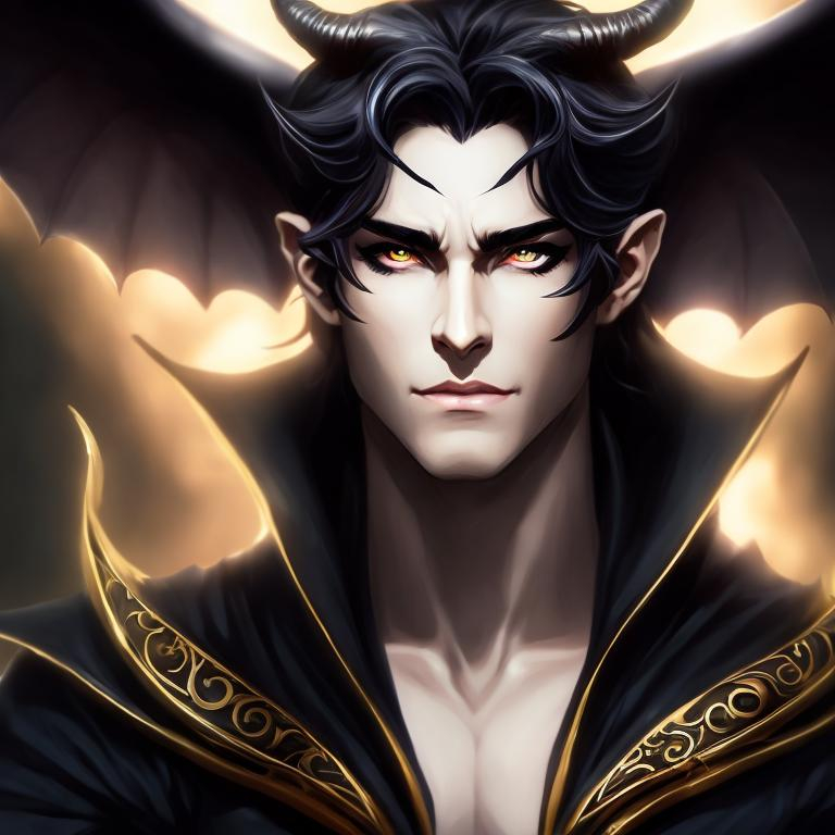 Prompt: A handsome demon, oc for D&D,  casting and dark spell. perfect gold eyes, full body character portrait, dark fantasy, detailed realistic face, digital portrait, fiverr dnd character, beautiful male Tiefling, dusk colored skin tone,  obsidian-hued horns, wearing flowy long-sleeved black shirt, large bat wings