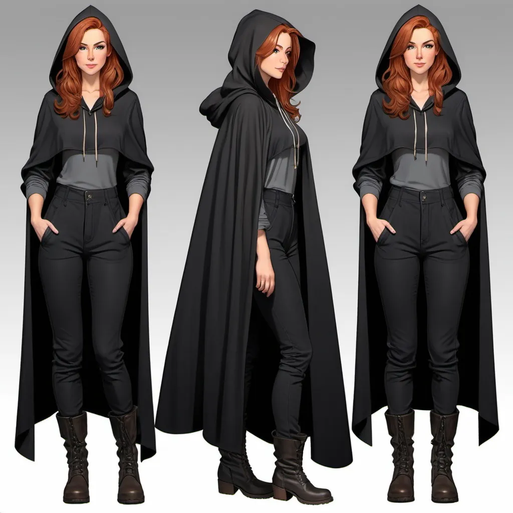 Prompt: Character sheet, multiple angles, same character, tall slender young woman, with medium-length wavy auburn hair, peach skin with pretty hazel eyes, beautiful, gorgeous face, wearing a large hooded cloak, wearing a oversized poofy black shirt, wearing long straight leg black pants, wearing tall black boots, DnD, tomboy. Baggy clothes, comicbook art 
