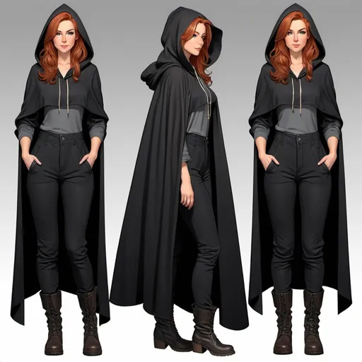 Prompt: Character sheet, multiple angles, same character, tall slender young woman, with medium-length wavy auburn hair, peach skin with pretty hazel eyes, beautiful, gorgeous face, wearing a large hooded cloak, wearing a oversized poofy black shirt, wearing long straight leg black pants, wearing tall black boots, DnD, tomboy. Baggy clothes, comicbook art 
