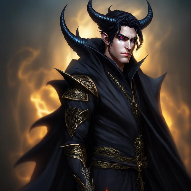 Prompt: A handsome demon, oc for D&D,  casting and dark spell. perfect gold eyes, full body character portrait, dark fantasy, detailed realistic face, digital portrait, fiverr dnd character, beautiful male Tiefling, dusk colored skin tone,  obsidian-hued horns, wearing flowy long-sleeved black shirt, large bat wings