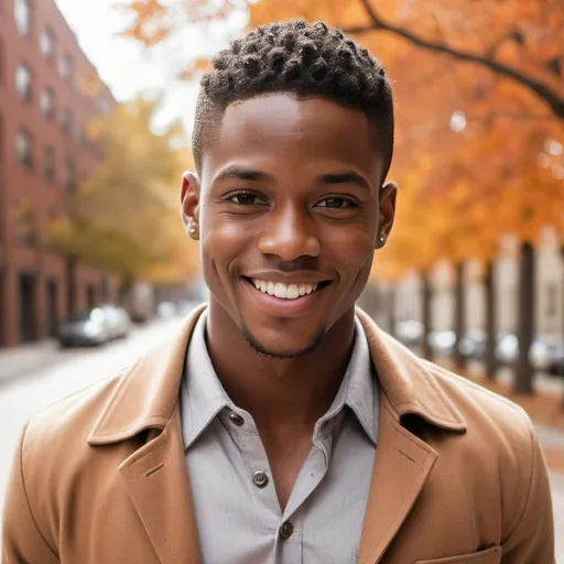 Prompt: 25year old handsome black man. Charming Smile. Silver button down shirt. Brown coat. Romance novel 