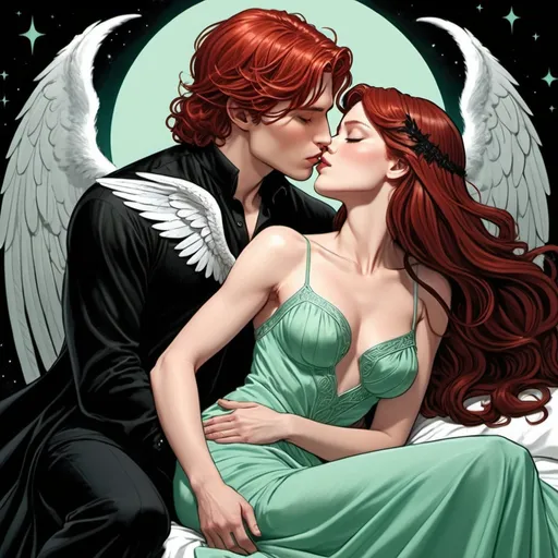 Prompt: Large bed, black sheets, mahogany carved headboard, beautiful red haired woman in mint green long flowy dress kissing black haired, well dressed male Fey with black angel wings. In love. Love. Deep kiss. Detailed faces. Laying down. Romance. Comic book art. Illustration.