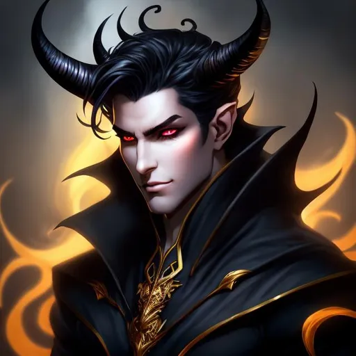 Prompt: A handsome demon, oc for D&D,  casting and dark spell. perfect gold eyes, full body character portrait, dark fantasy, detailed realistic face, digital portrait, fiverr dnd character, beautiful male Tiefling, dusk colored skin tone,  obsidian-hued horns, wearing flowy long-sleeved black shirt, large bat wings