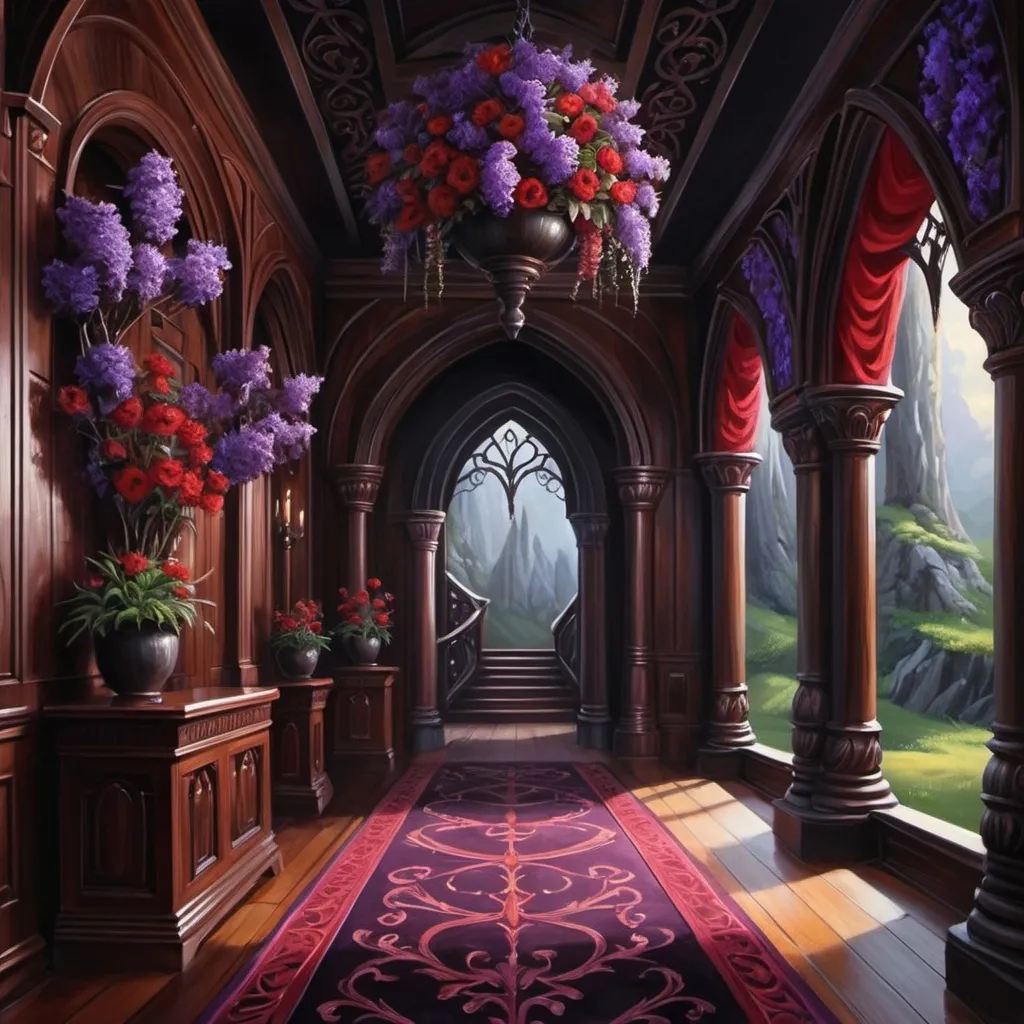 Prompt: Fantasy castle hallway. Mahogany wood. Black interior. Vaces with red and purple flowers. Elven theme. Very detailed. Illustrations. Oil painting 