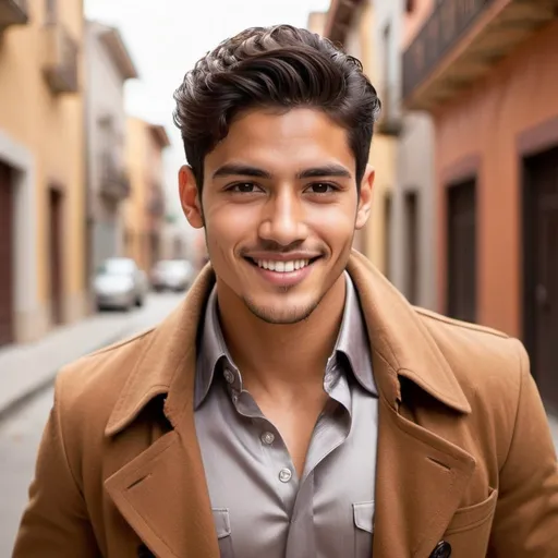 Prompt: 25year old handsome Latino man. Charming Smile. Silver button down shirt. Brown coat. Romance novel 
