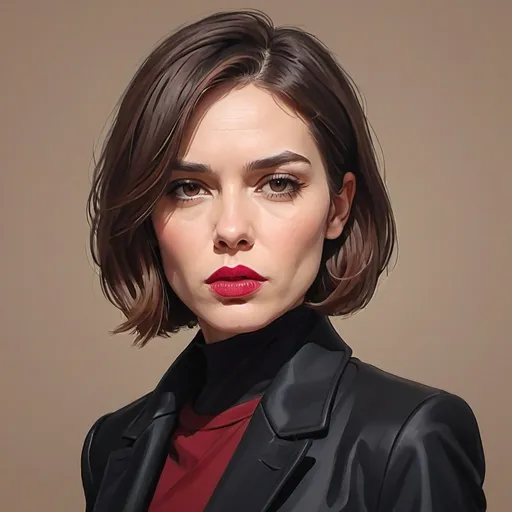 Prompt: Serious expression ruby lipstick  32 years old woman. Greep pantsuit and black coat. Hand drawing. Bob cut brown hair