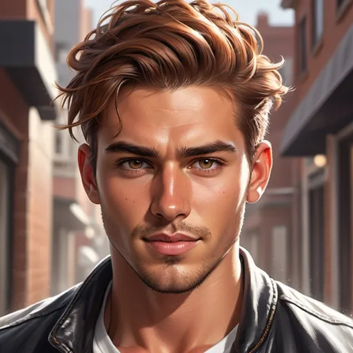 Prompt: Handsome fit young man with detailed hazel eyes. Long reddish-brown hair tied back in a messy man bun. Sun kissed tan skin. Wearing a white t-shirt black leather jacket and ripped jeans. He has short well groomed facial hair. And a charming smirk. Romance novel. Illustration.  