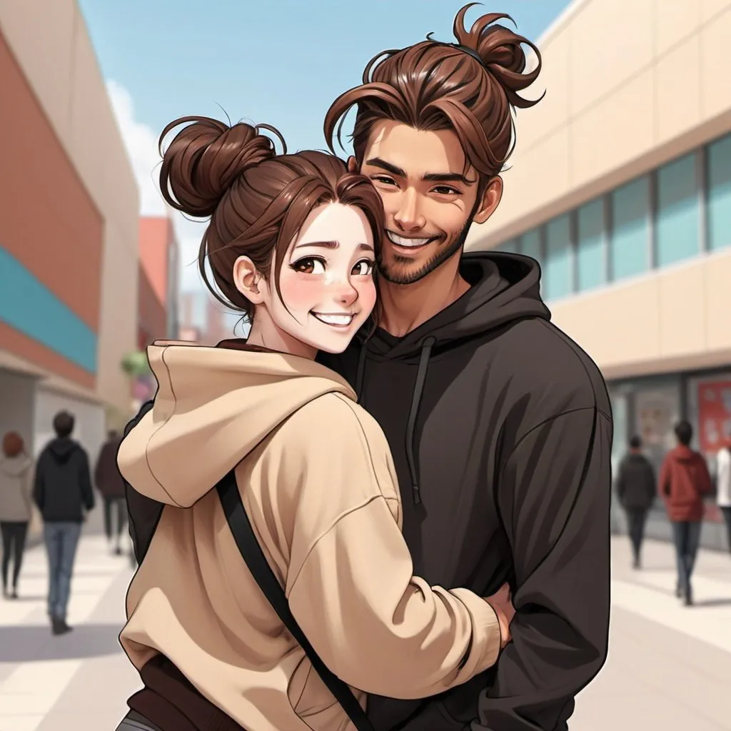 Prompt: Piggyback ride. Female on back. laughing. ((beautiful black flowy haired woman)) pale skinned female (( handsome man reddish brown haired in messy man bun)), light tan skinned male, short beard. in love black Hoodies. Detailed faces. Romance. Webtoon Manga cartoon art. Illustration. Outside mall background