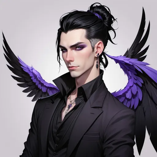 Prompt: Fey male, long pointed ears, Pale skin, long black hair, messy man bun, piercing violet irises, large solid black  wings, handsome, andy black, D&D sheet, oc character. Same character Multiple views, well dressed. 