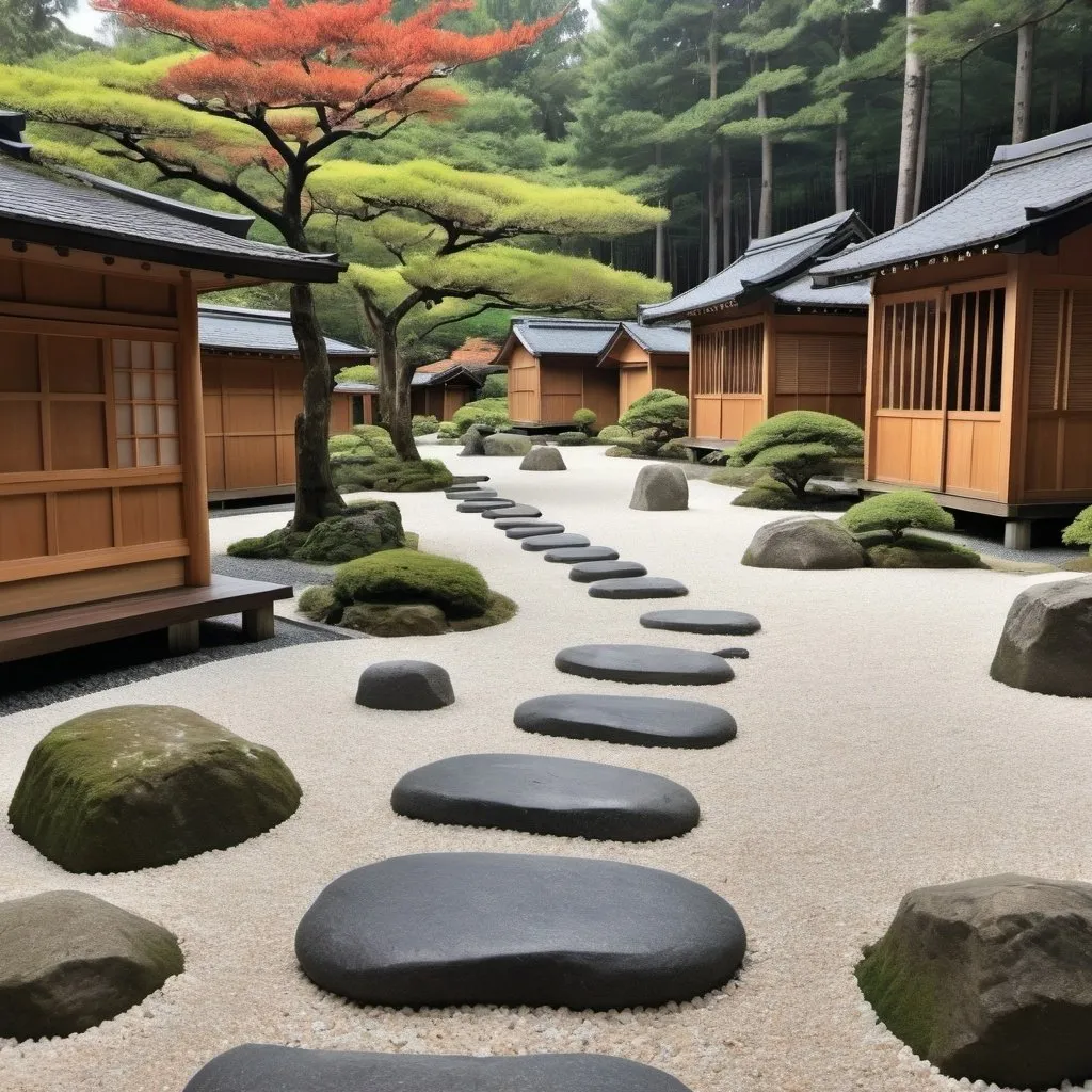 Prompt: Japanese style garden walking stones  and white gravel. Surrounded by wood cabins. 