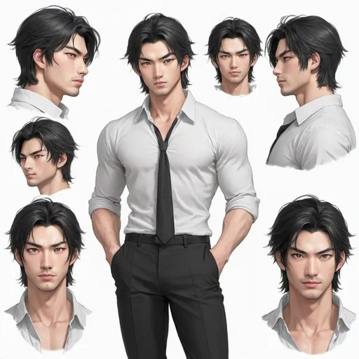 Prompt: 25 year old Japanese handsome man.   Tiger eyes white streak in mostly black hair. wearing open black button up and black slacks. Attractive. Model. Romance novel. Kitsune. Light stuble. Muscular. Honor. gentle. loyal. dnd character sheet. pencil sketch. Multiple angles. detailed face. 