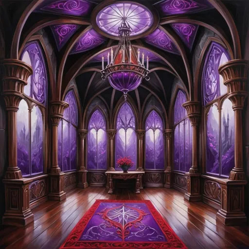 Prompt: Fantasy castle hall. Mahogany wood. Black interior. Vaces with red and purple flowers. Electric violet and silver crest flags. Elven theme. Very detailed. Illustrations. Oil painting 