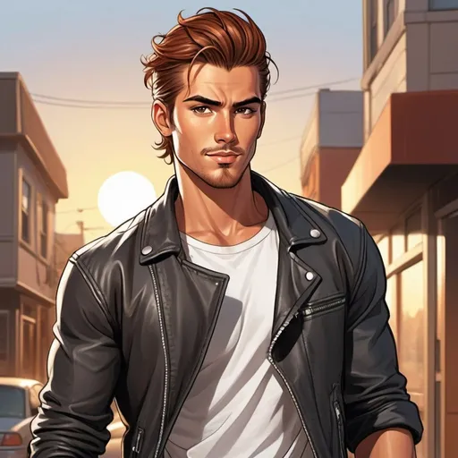 Prompt: Handsome fit young man with detailed hazel eyes. Long reddish-brown hair tied back in a messy man bun. Sun kissed tan skin. Wearing a white t-shirt black leather jacket and ripped jeans. He has short well groomed facial hair. And a charming smirk. Romance novel. Illustration. Comic book art 