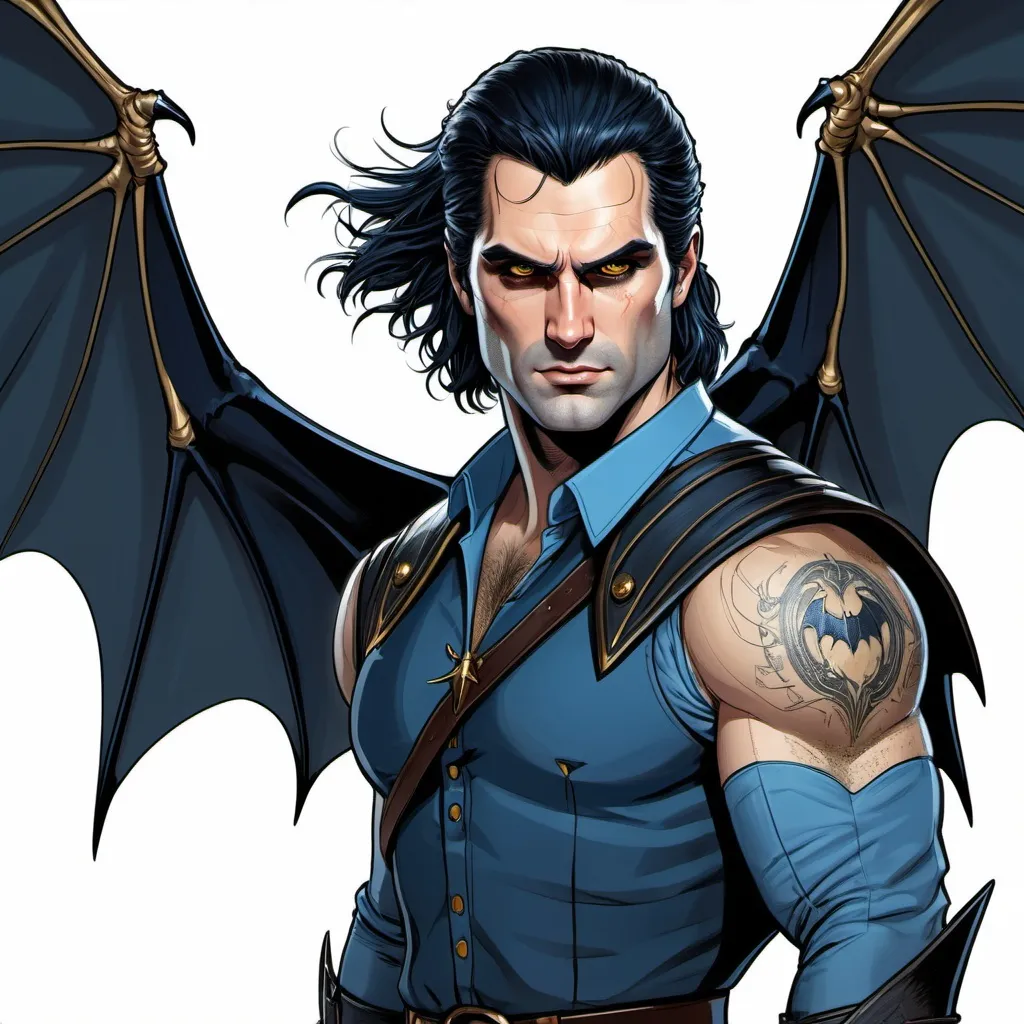 Prompt: Character sheet, same character, Henry Cavill (Geralt) black demonic bat wings. Short windswept Black hair. Gold eyes. Handsome.  Blue skin, two black spiraling horns. Smirk. Playful. Comicbook art style. Toned. D&D sheet, oc character. 