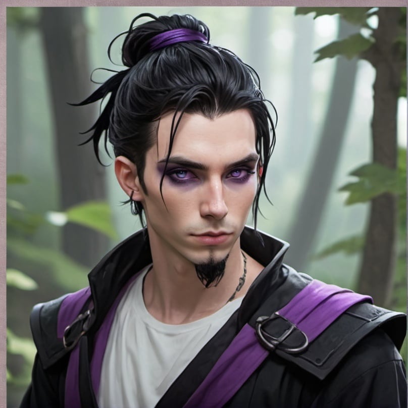 Prompt: Fey male, Pale skin, long black hair, messy man bun, violet eyes, black raven wings, handsome, andy black, D&D sheet, oc character.