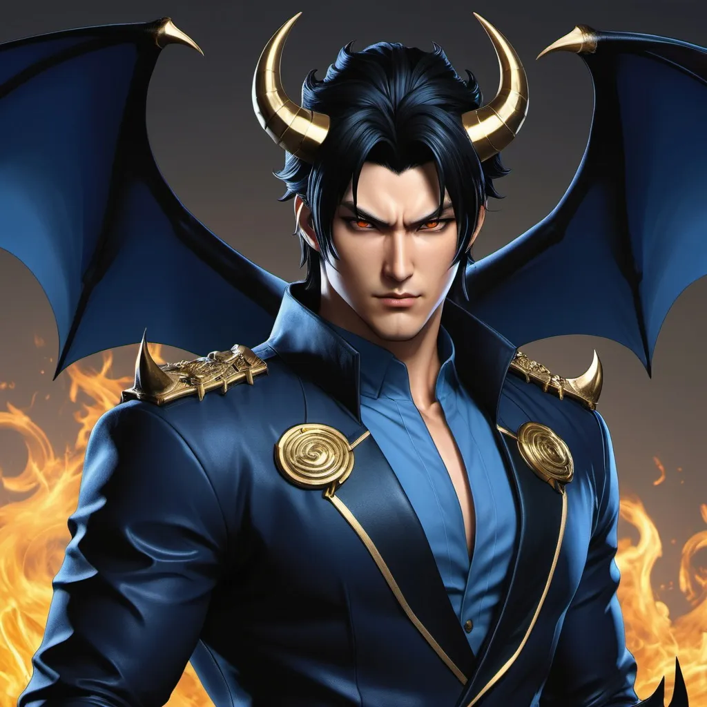 Prompt: Character sheet, same character, Devil jin with black demonic bat wings. Black hair. Gold eyes. Handsome.  Blue skin, two black spiraling horns. Comicbook art style. Toned. D&D sheet, oc character. Tekken 