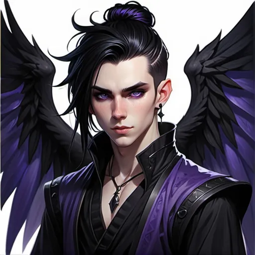 Prompt: Fey male, long pointed ears, Pale skin, long black hair, messy man bun, piercing violet irises, large black raven wings, handsome, andy black, D&D sheet, oc character.