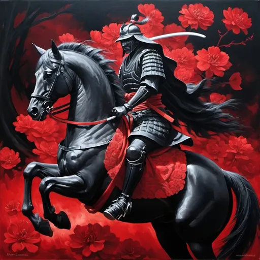 Prompt: Samurai on black horse. Red pedals. Monochromatic. Oil painting.  Romance novel. Fantasy. Demon. Half mask