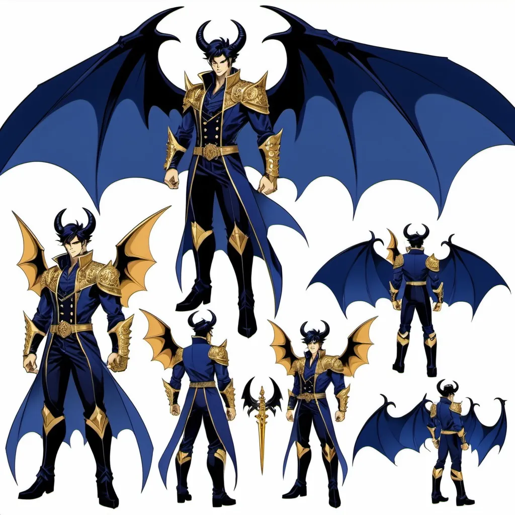 Prompt: DnD character sheet. Multiple angles. Same character. Devil jin with black demonic bat wings. Gold eyes. Handsome. Regal. Dressing in fantasy clothes. Navy sapphire skin, two black spiraling horns. Comicbook art