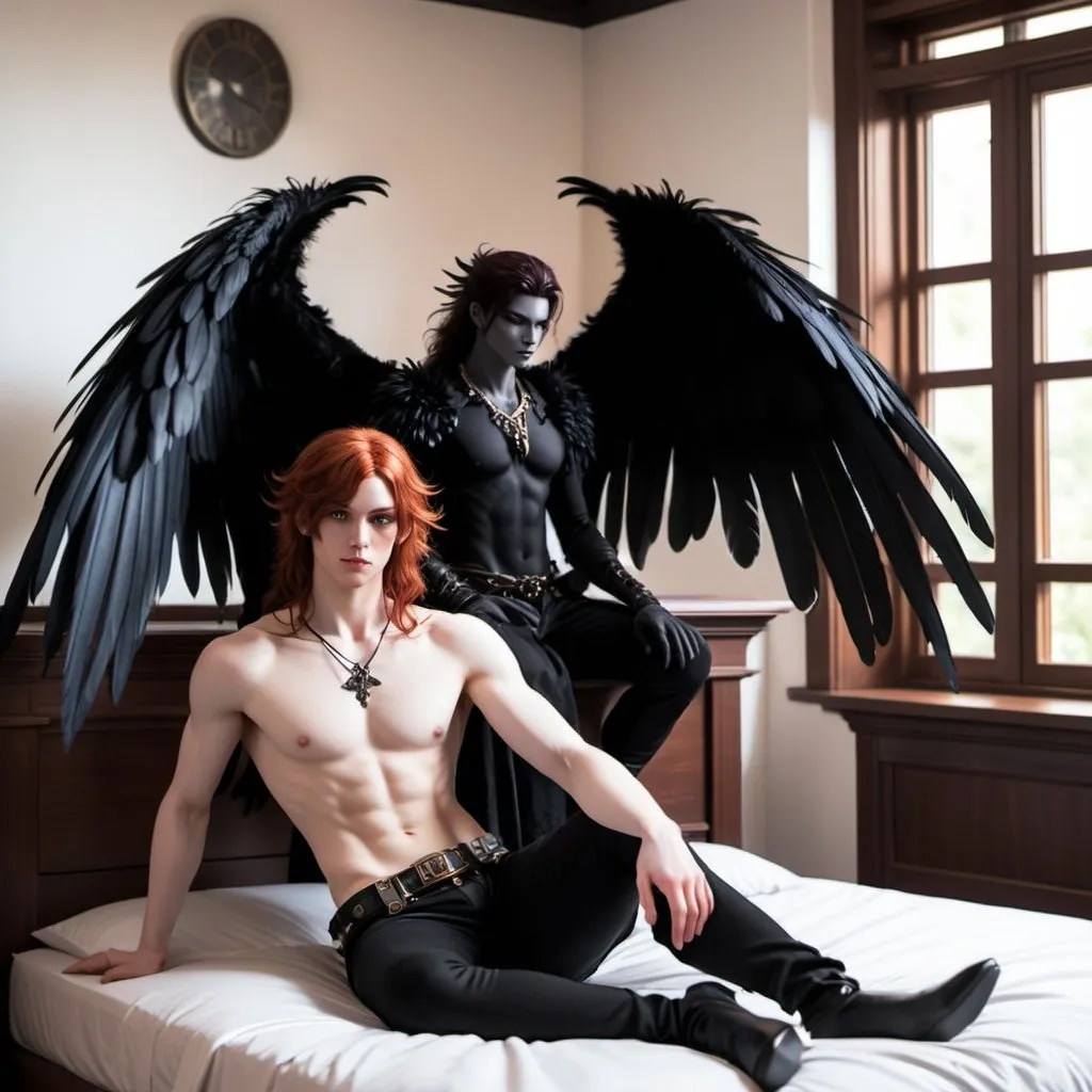 Prompt: D&D inn bed room, handsome male Fey with black feathered wings, pale skin and Beautiful auburn wavy haired human sitting on the bed awkwardly together. Nervous and amused