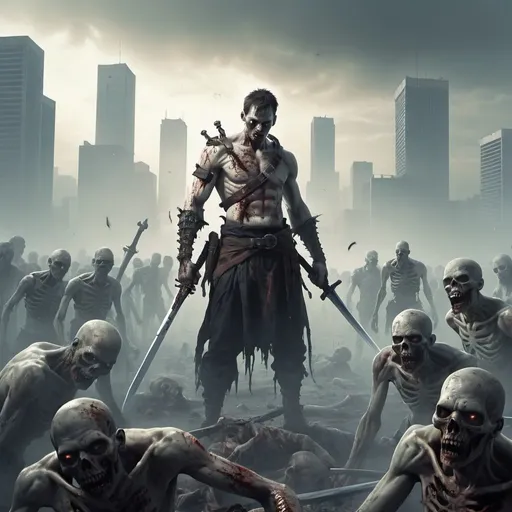 Prompt: A man standing in between of some dead zombies holding a sword in hand, warrior, ruined city in background, haze atmosphere