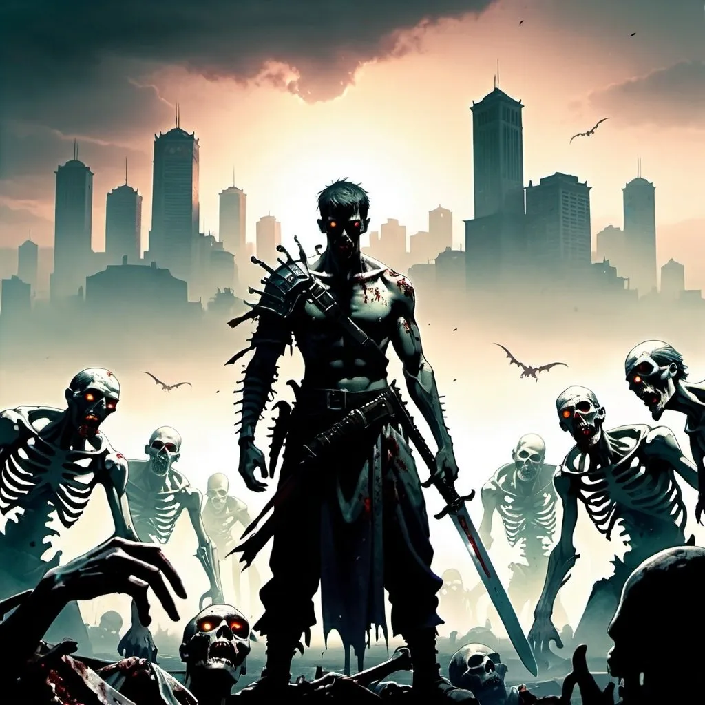 Prompt: A man standing in between of some dead zombies holding a sword in hand, warrior, ruined city in background, haze atmosphere